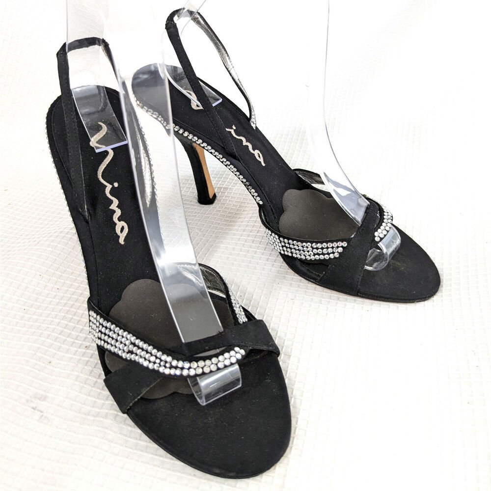 NINA NEW YORK! BLACK SATIN, LEATHER RHINESTONE SWIRL FRONT SANDALS HEELS!SZ 7.5M